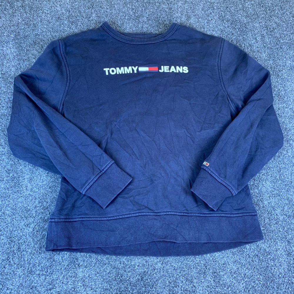 Tommy Hilfiger Sweatshirt Womens Medium Blue Cotton Graphic Fleece Lined Ribbed